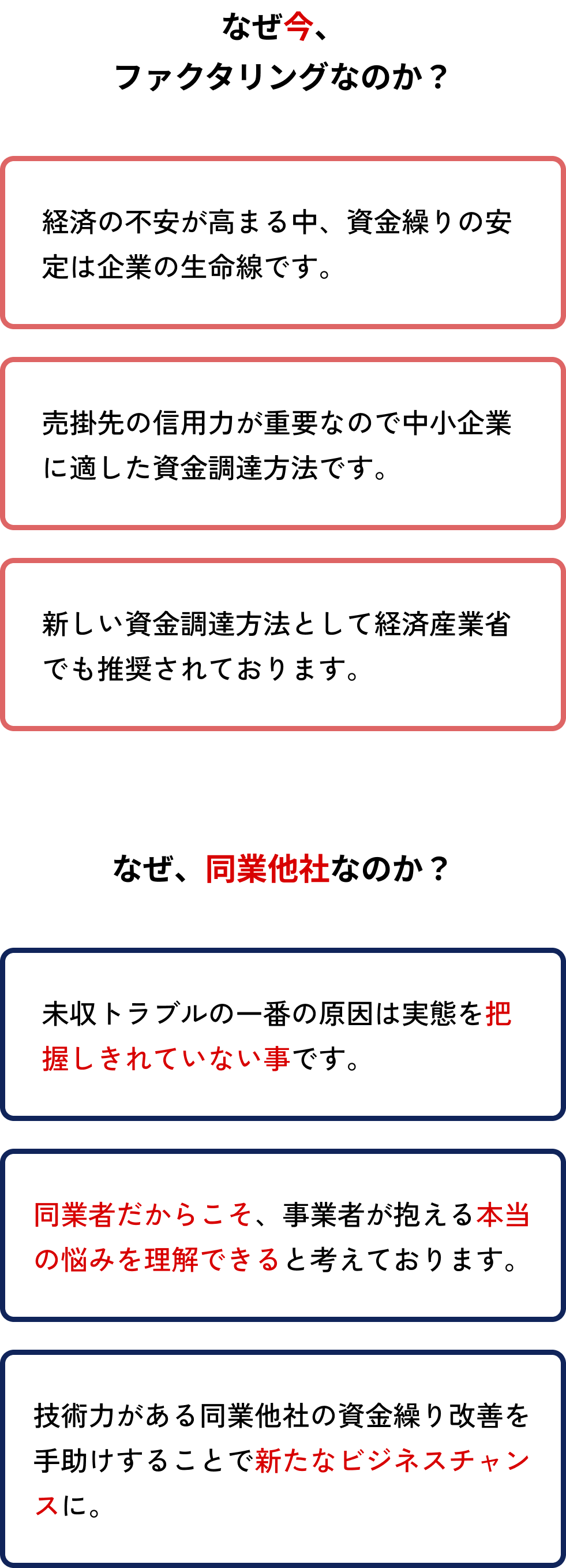 なぜ今、ファクタリングなのか？経済の不安が高まる中、資金繰りの安定は企業の生命線です。売掛先の信用力が重要なので中小企業に適した資金調達方法です。新しい資金調達方法として経済産業省でも推奨されております。なぜ、同業他社なのか？未収トラブルの一番の原因は実態を把握しきれていない事です。同業者だからこそ、事業者が抱える本当の悩みを理解できると考えております。技術力がある同業他社の資金繰り改善を手助けすることで新たなビジネスチャンスに。